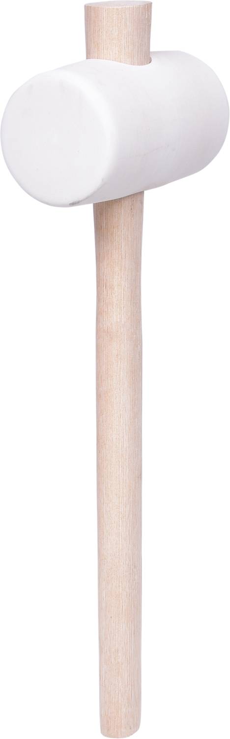 Een witte rubberen hamer met een houten steel, verticaal afgebeeld.