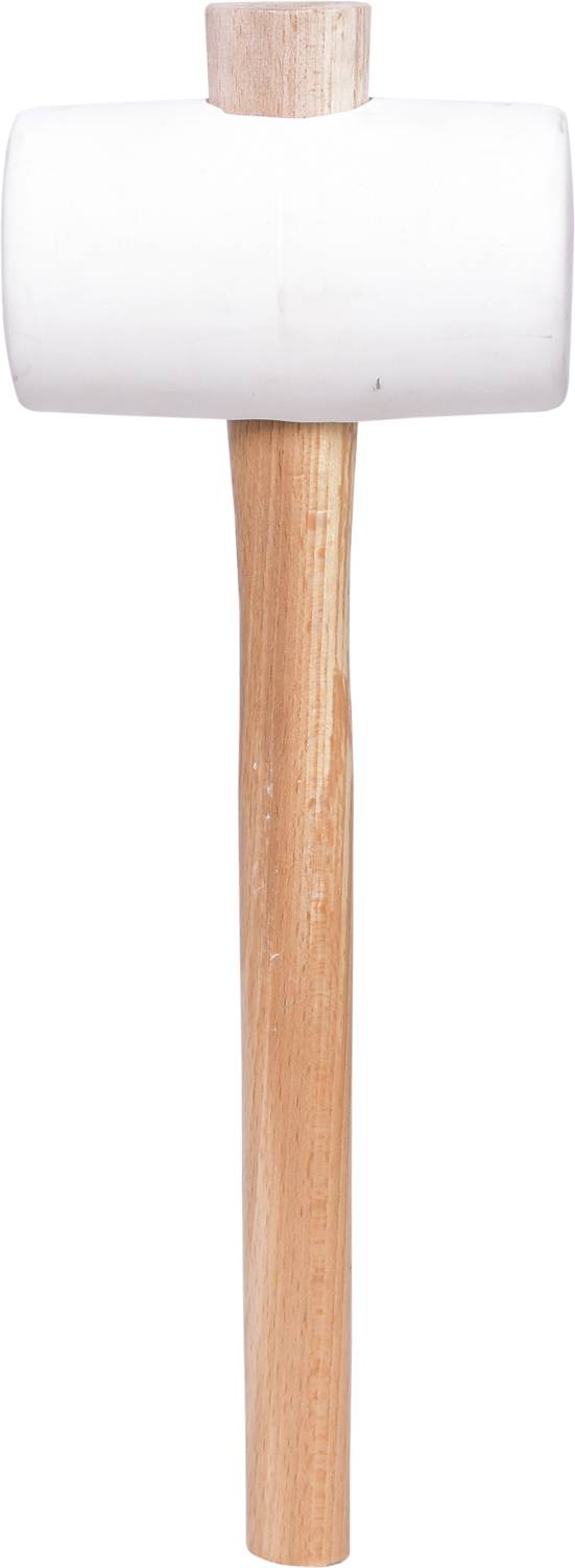 Een witte rubberen hamer met een houten handvat, verticaal gepositioneerd.