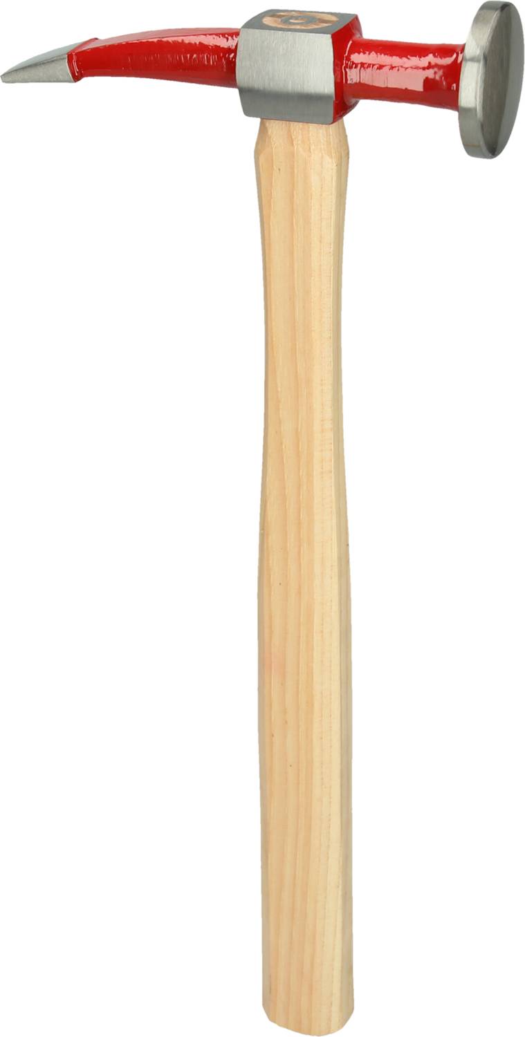 Een steenhouwershamer met een rode kop en een puntig uiteinde, bevestigd aan een houten handvat.