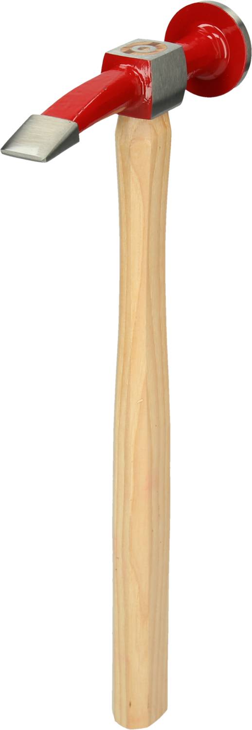 Een puntbeitel met een rode kop en een robuuste houten steel, geschikt voor het bewerken van metaal of steen bij ambachtelijke werkzaamheden.