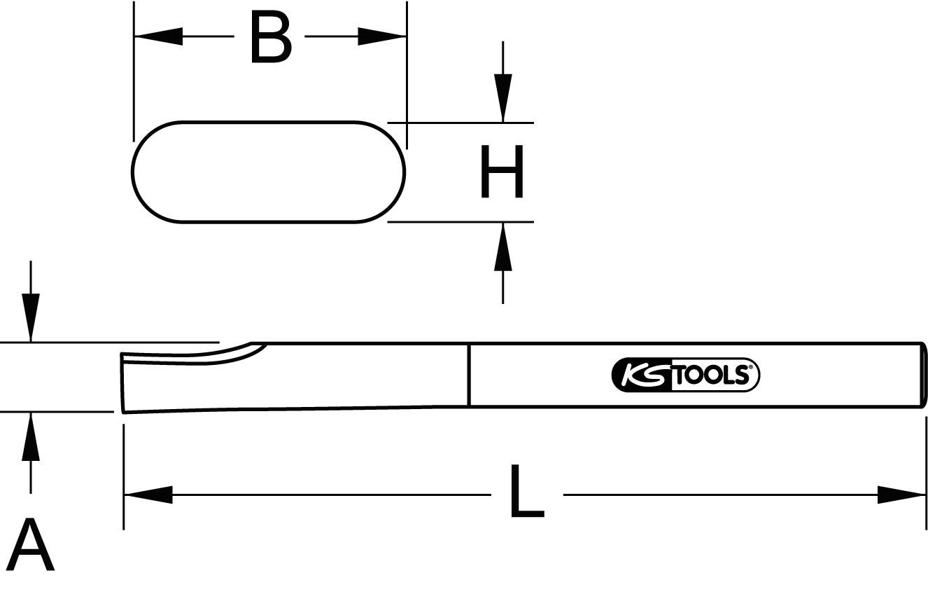 Technische tekening van een gereedschap met afmetingen: Lengte (L), Breedte (B), Hoogte (H) en Afstand (A). Tool-logo rechtsboven.