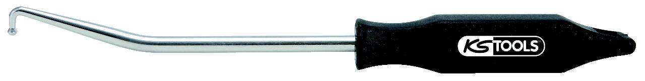 Gereedschap met een zwarte handgreep en een gebogen metalen haak voor het trekken of grijpen van kleine voorwerpen.
