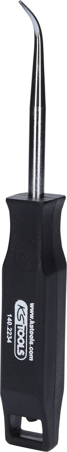 Een zwart gereedschap met een gebogen metalen haak en een kunststof handgreep. Op de handgreep staat 'KS TOOLS'.