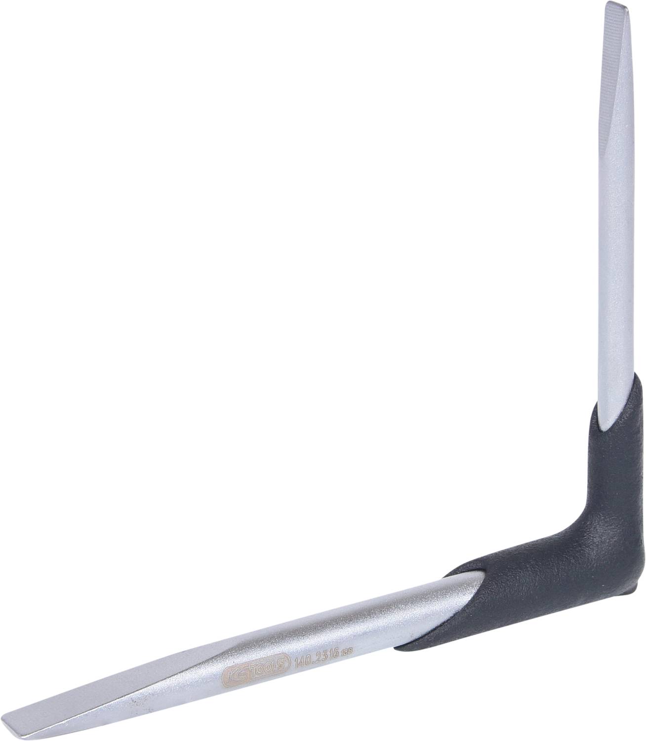 Een schroevendraaier met zwarte kunststof handgreep toont twee parallelle metalen bits in tegenovergestelde richtingen.