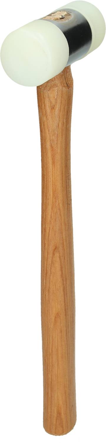 Een hamer met een gladde, witte rubberen kop en een houten handvat, geschikt voor voorzichtig werken zonder beschadigingen.