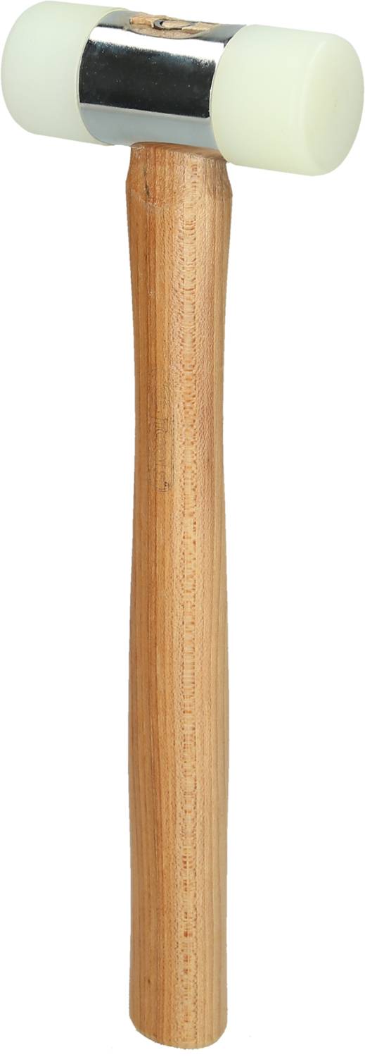 Een hamer met een houten handvat en witte rubberen koppen aan beide uiteinden, geschikt voor het slaan zonder oppervlaktebeschadiging.