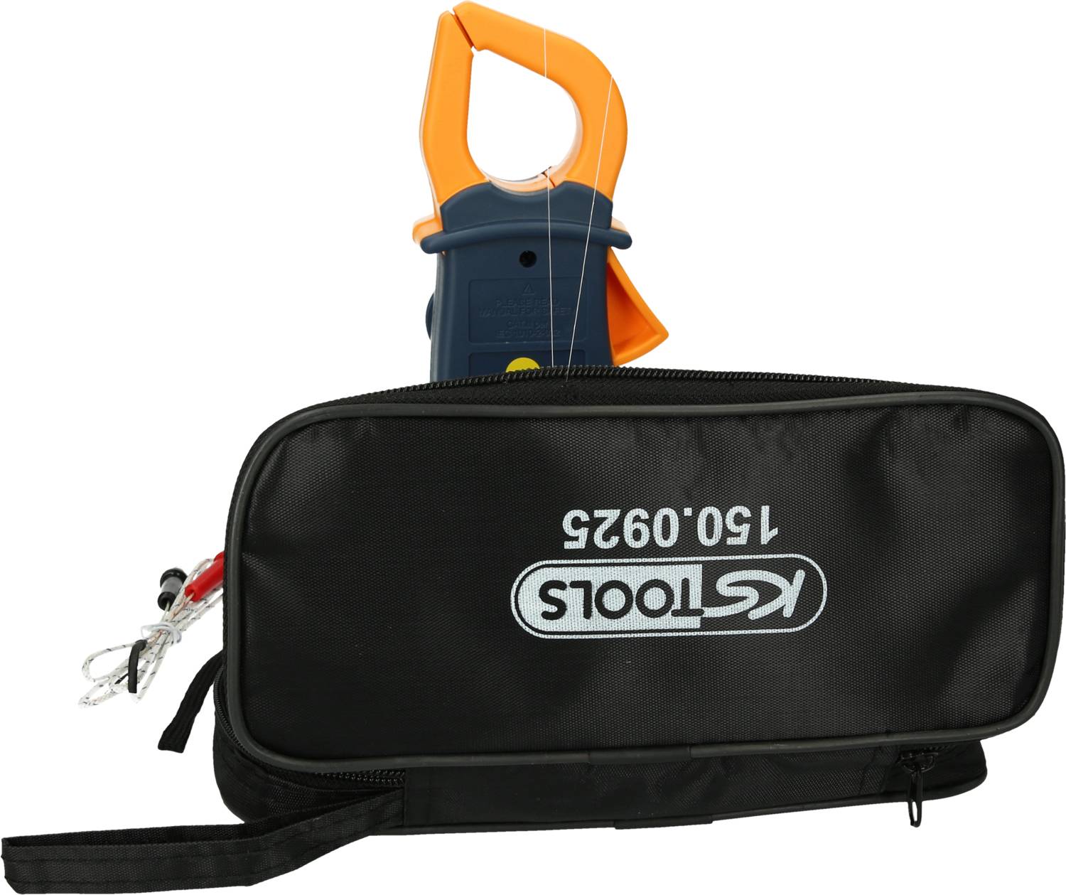 Een oranje-zwarte meetinstrument met een klem bovenaan, verpakt in een zwarte tas met 'KS Tools' en modelnummer 150.0925.