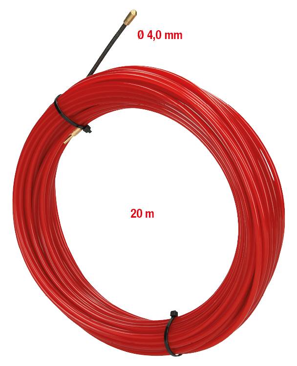 Een rood kabel, 20 meter lang, diameter 4,0 mm, opgerold en vastgemaakt met twee zwarte kabelbinders.