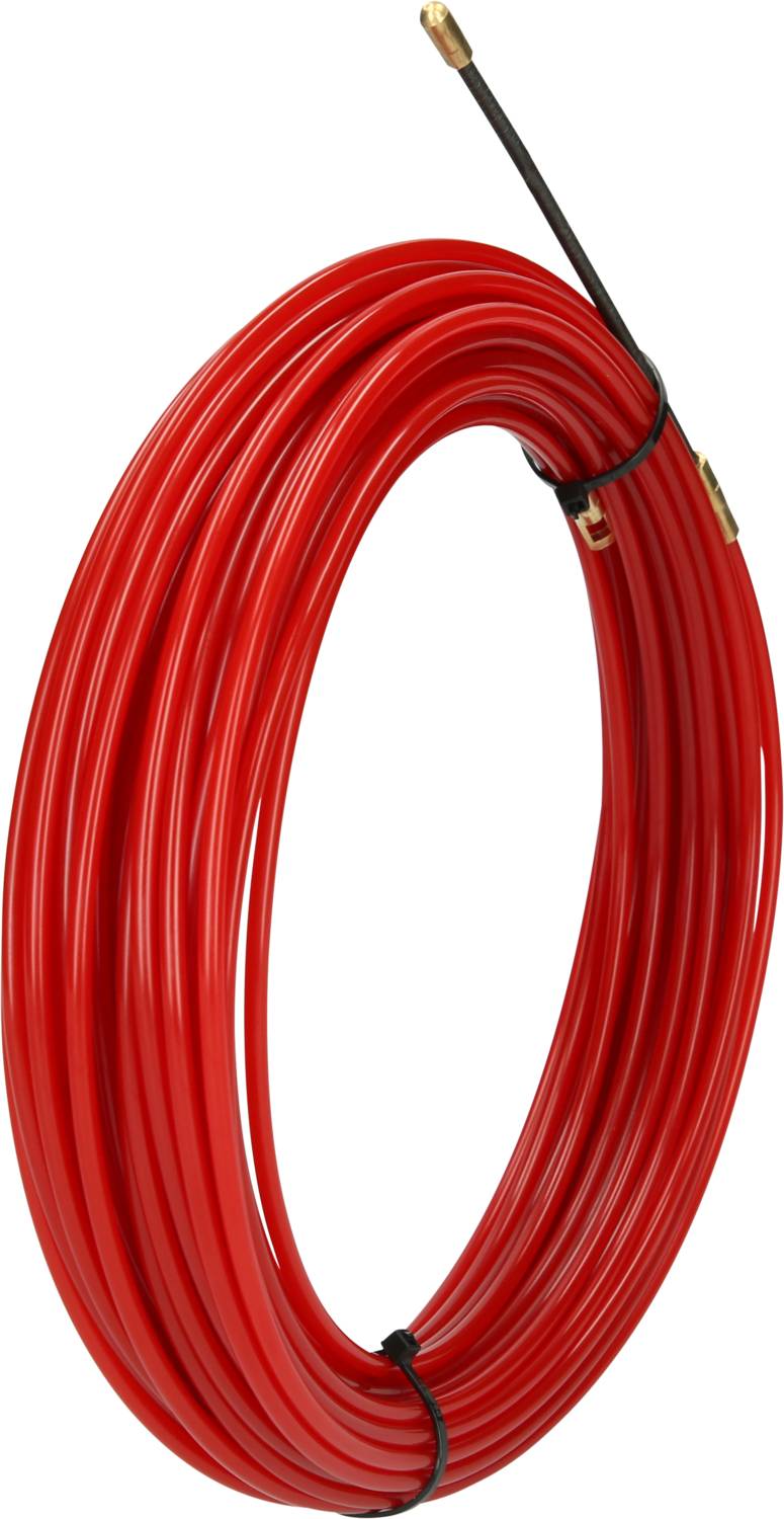 Rode, opgerolde kunststofleiding met goudkleurige connector, vastgemaakt met zwarte kabelbinders.