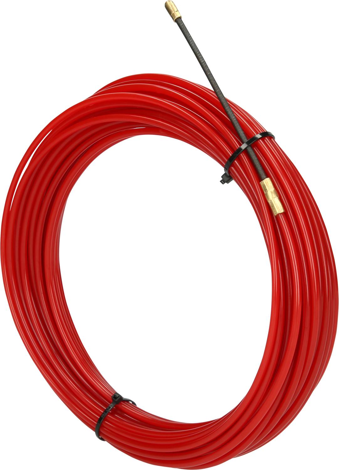 Een rood, opgerold kabel met een metalen punt, geschikt voor installatie- of reparatiewerkzaamheden.