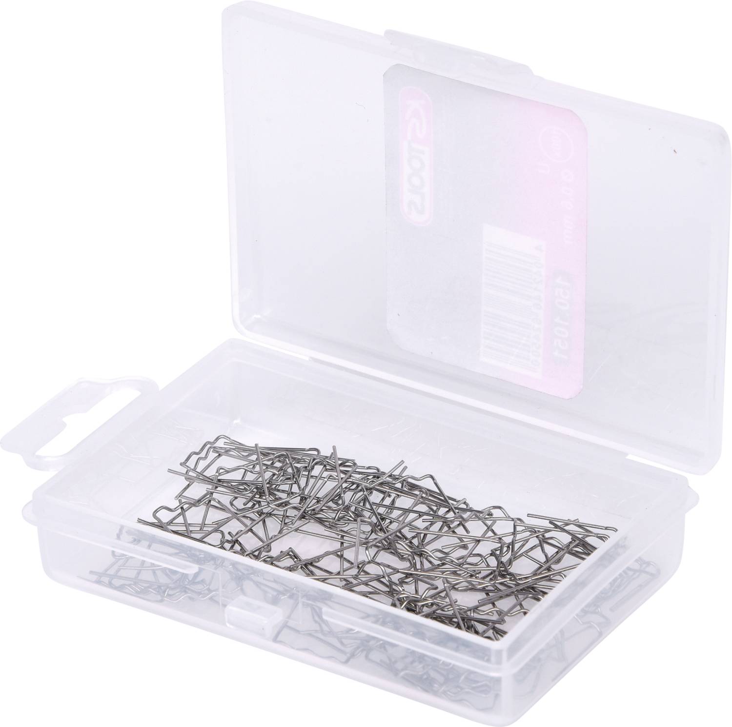 Open plastic doos met veel zilveren paperclips.