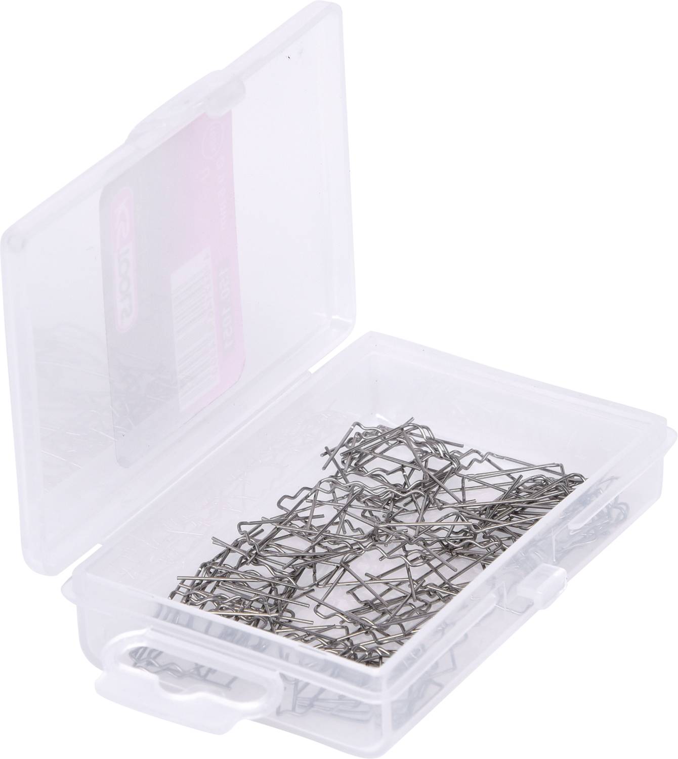 Een geopende, transparante doos met talrijke metalen paperclips die willekeurig daarin liggen. De doos heeft een witte sluiting.