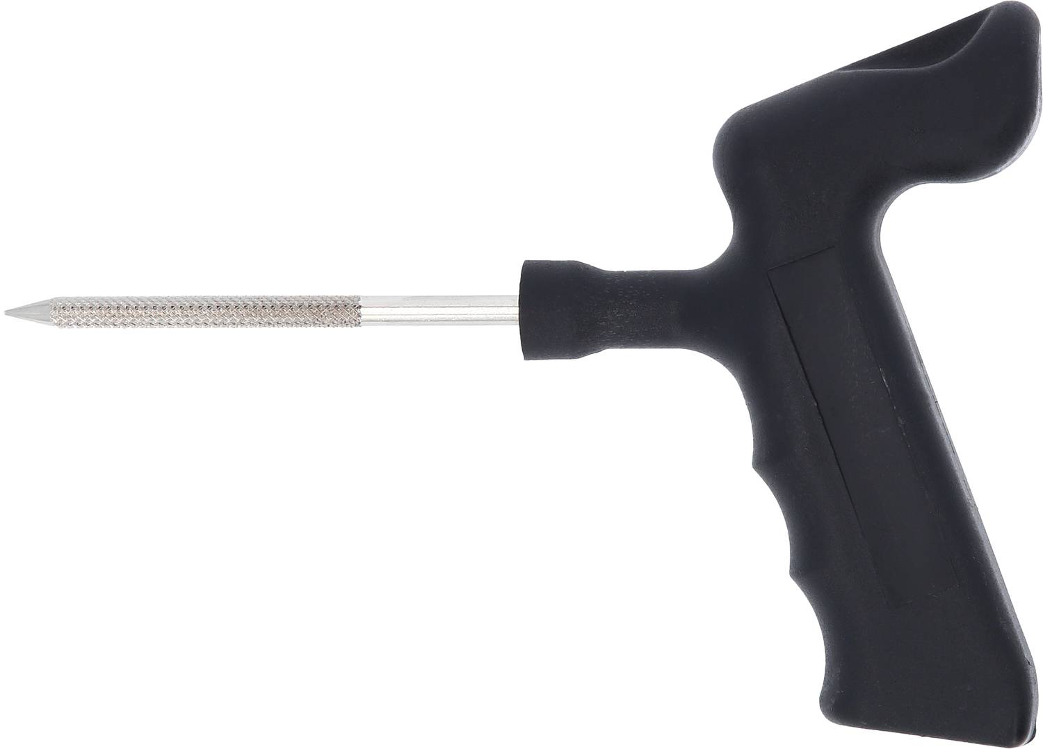 Een zwarte T-greep bandenhersteltool met metalen inzetstuk, voor het dichten van gaten in banden.