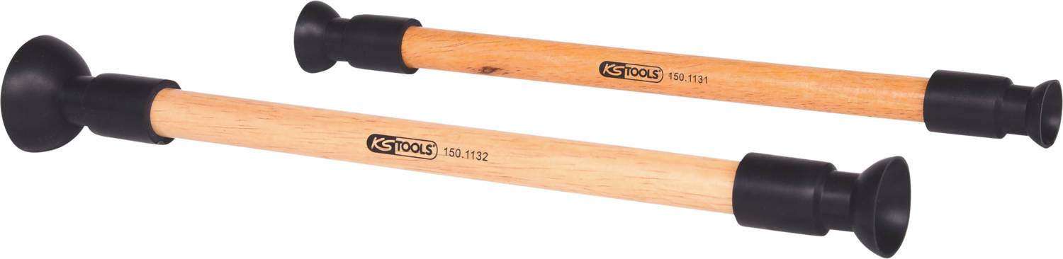 Twee houten steunklemmen met zwarte rubberen doppen aan de uiteinden, gemerkt met 'KS TOOLS 160.0111' en '160.0112'. Gebruikt voor bevestiging en ondersteuning.