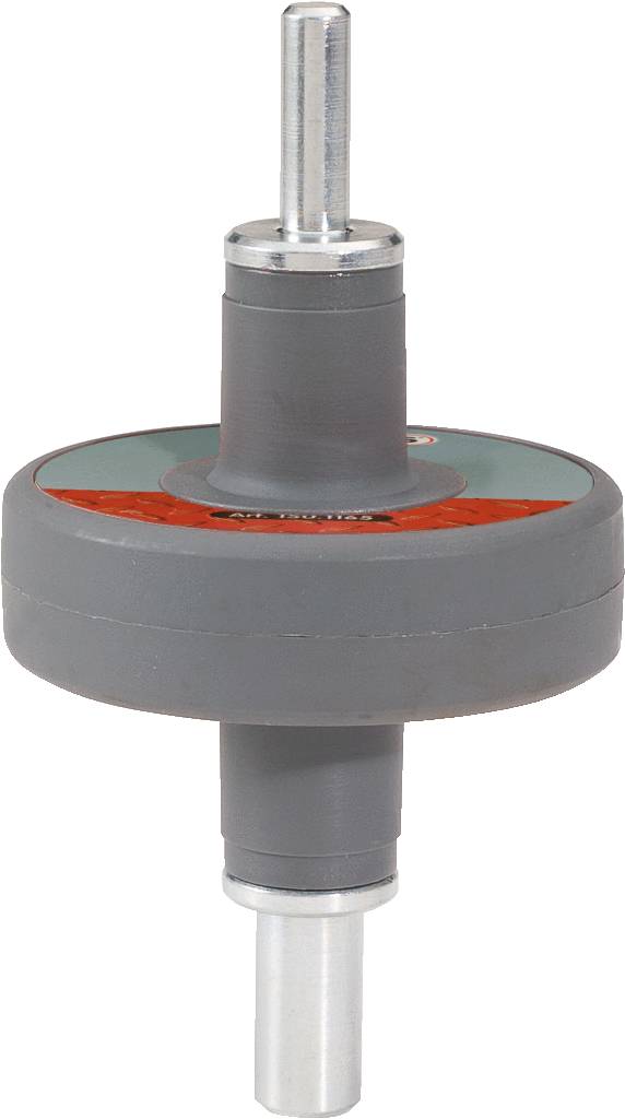 Een rond mechanisch onderdeel met een omringende grijze laag en een centrale metalen as.