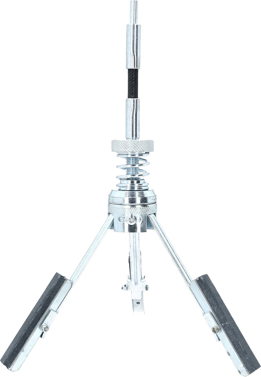 Metalen beugel met drie verstelbare armen en rubberen voeten voor stabilisatie, geschikt voor verschillende statief- en toestelconfigurates.