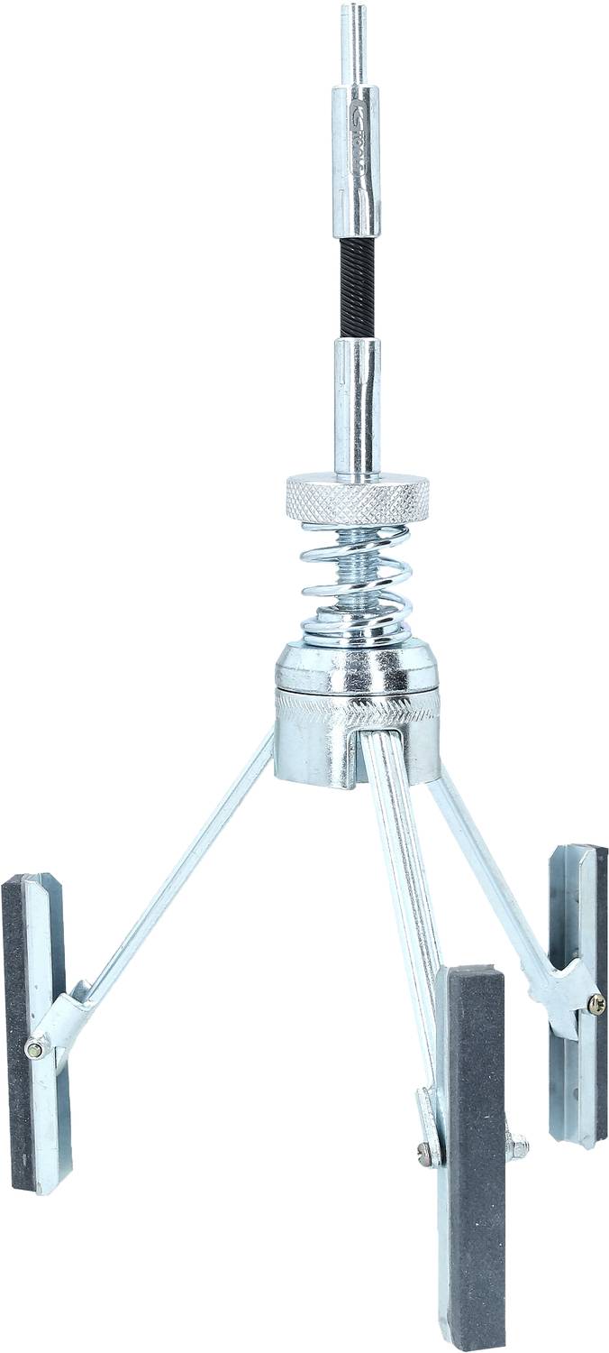 Een zilveren magneetvoet-houder met metalen stangen en een veerconstructie. Hij wordt gebruikt voor het bevestigen van antennes op voertuigen.