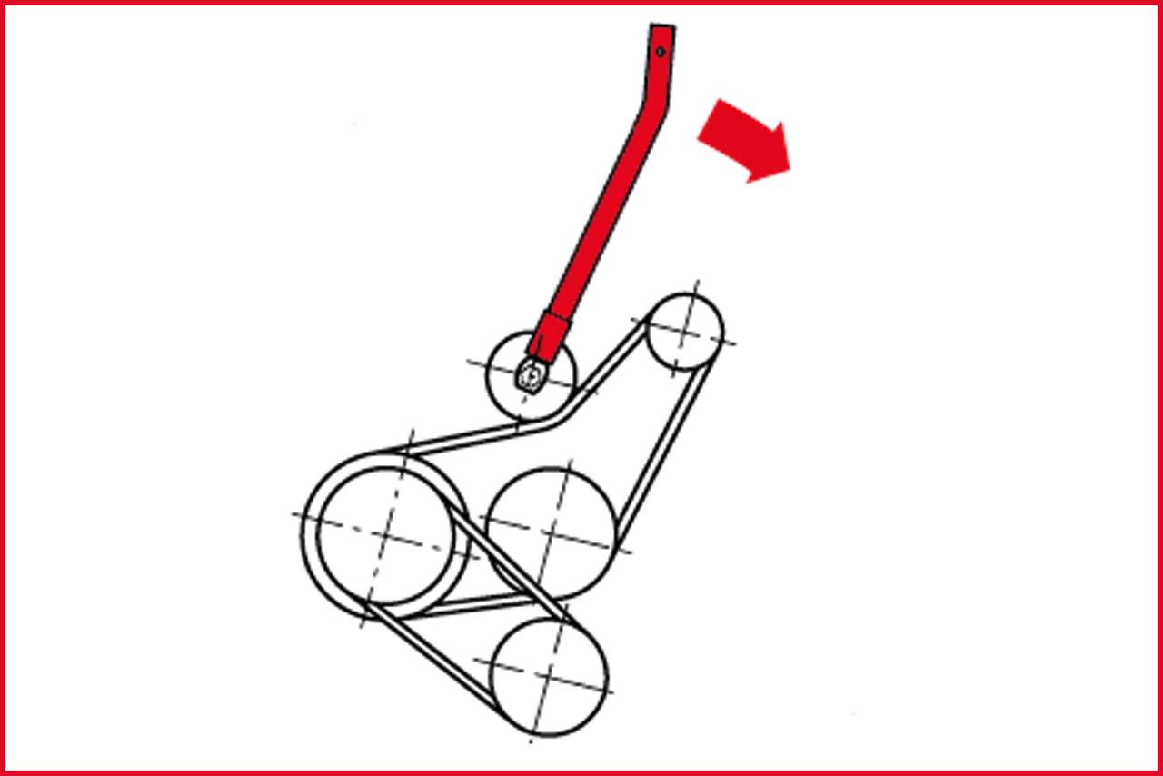 Een diagram toont een complex riemensysteem. Een rode hefboom met een pijl wijst naar een montagepunt dat beweging signaleert.
