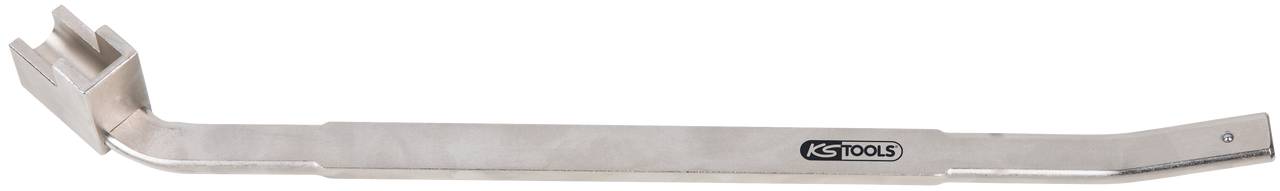 Een zilveren metalen hefboom met een haak en een plat uiteinde, vermoedelijk een gereedschap om voorwerpen op te tillen of te verwijderen.