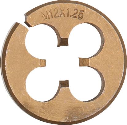 Een ronde metalen draadsnijplaat met vier openingen, gemarkeerd met 'M12X1.25', voor het snijden van metrische schroefdraad.