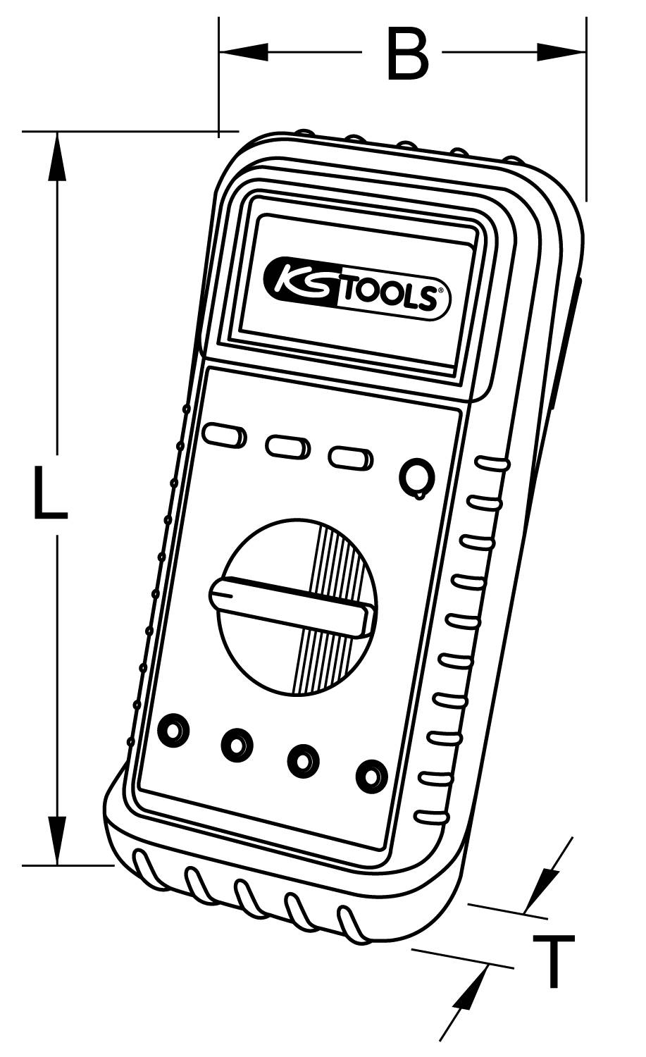 Lijnschets van een digitale multimeter met het merkenlogo 'KS Tools'. Afmetingen L, B en D zijn weergegeven.