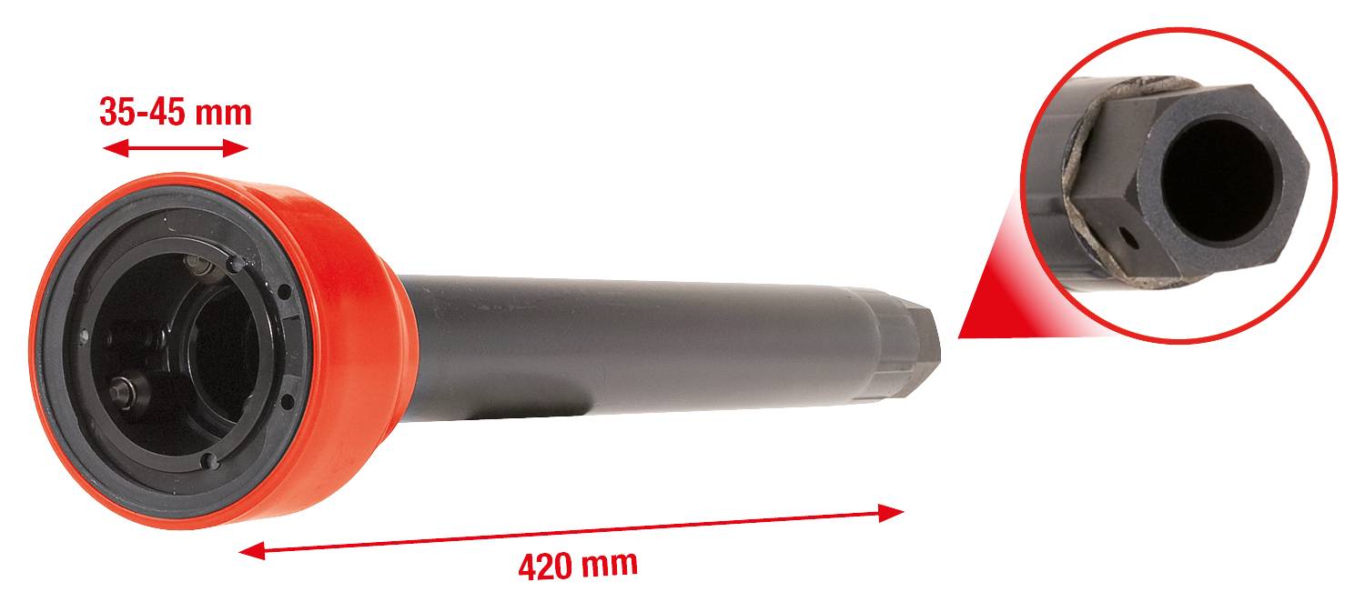 Pijpstuk met rode uiteinden, lengte 420 mm, diameter 35-45 mm. Close-up van de zeshoekige binnendoorsnede.