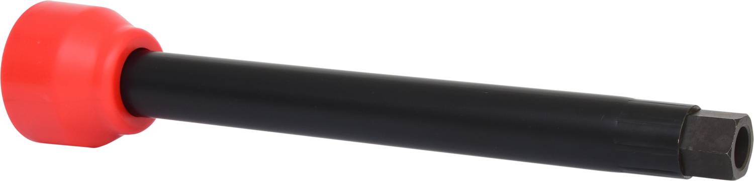 Een rood, lang gereedschap met een zwarte steel en een zeskante uiteinde, mogelijk een speciale adapter of opzetstuk.