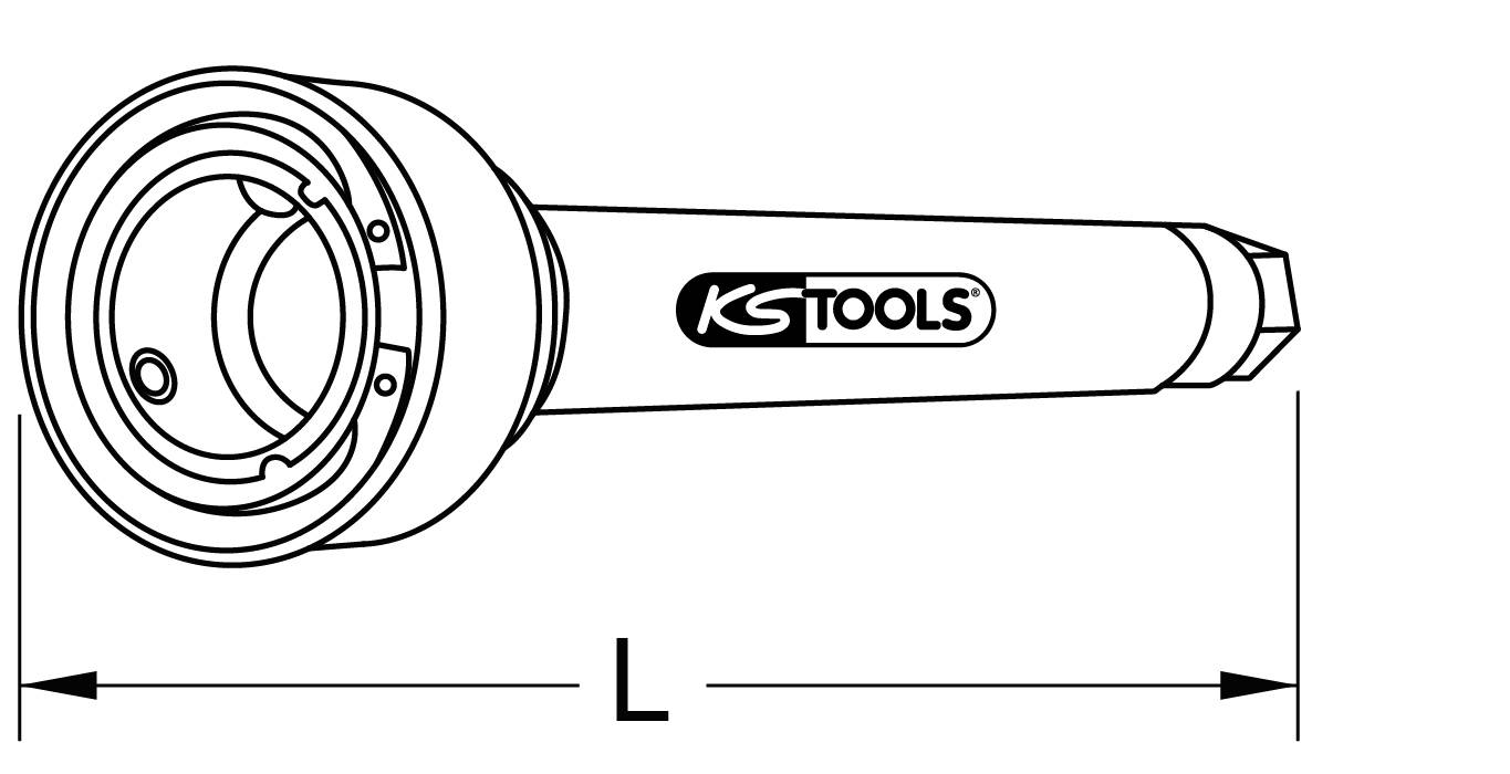 Een schets van een gereedschap met het 'KS Tools'-logo, toont een lange cilindrische vorm met een breed uiteinde, pijlen markeren de lengte.