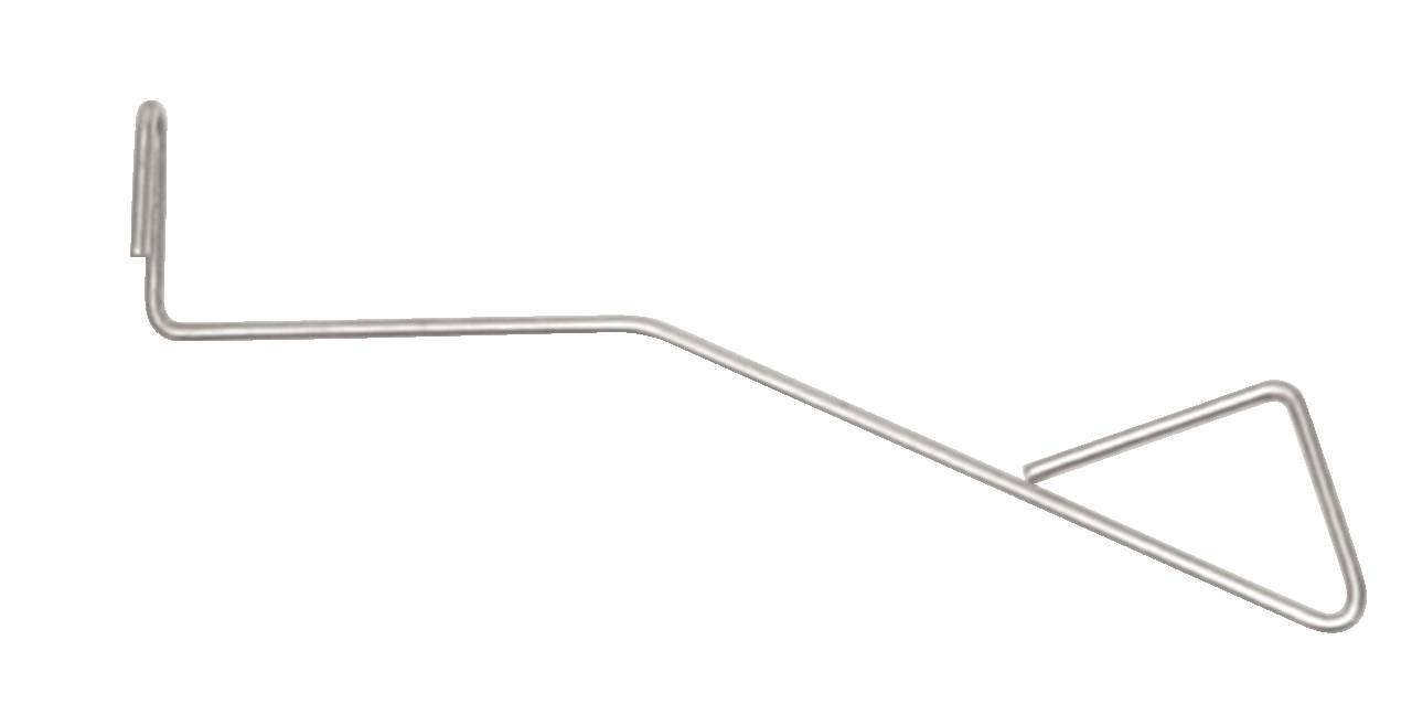 Een gebogen metalen gereedschap met een haak aan het ene uiteinde en een driehoekige handgreep aan het andere uiteinde.