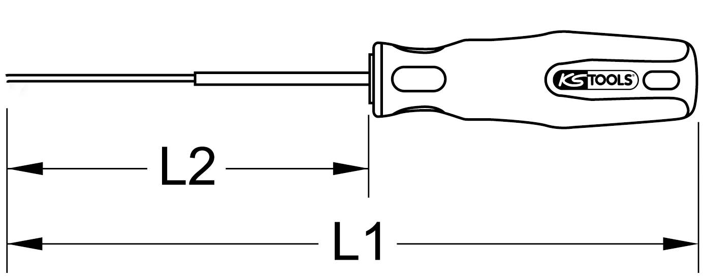 Illustratie van een schroevendraaier van KS Tools, toont lengte L1 en L2.