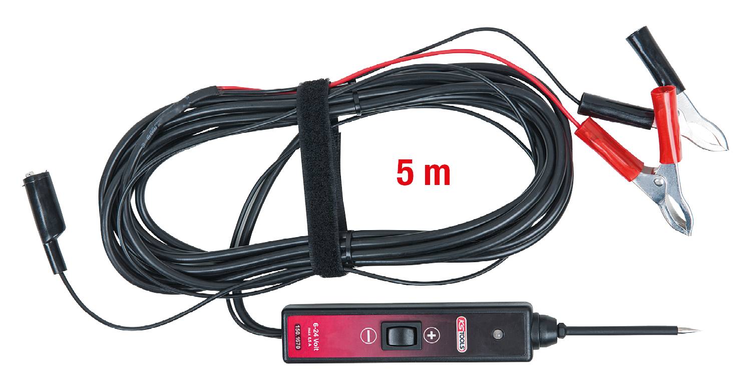 Testapparaat met een lang zwart kabel van 5 m, twee krokodillenklemmen en een pen voor continuïteitstests en foutopsporing in elektrische systemen.
