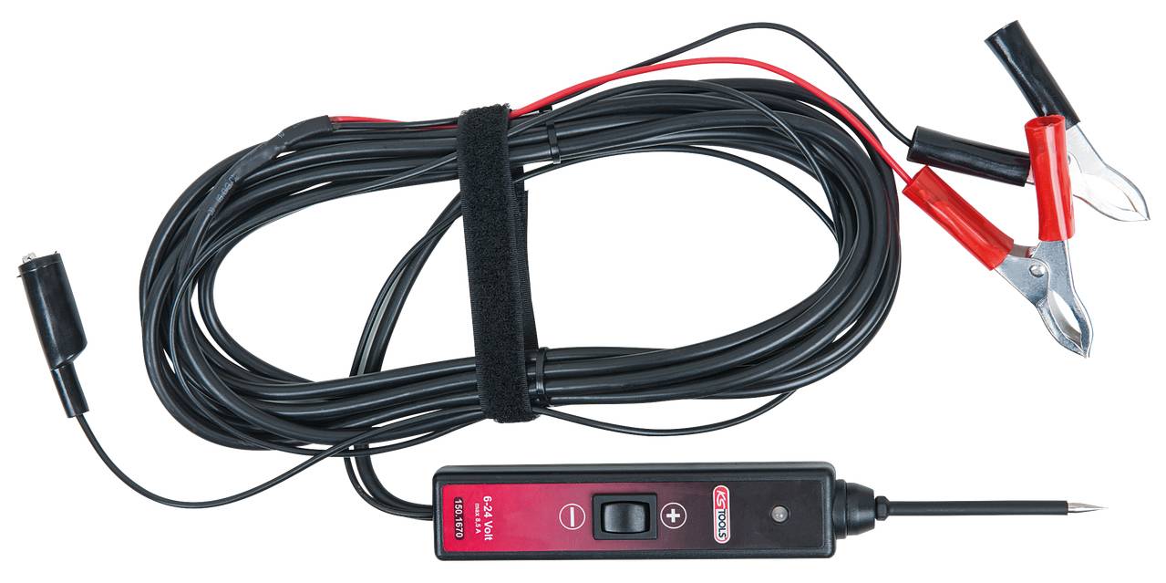 Kabel met clips en meetapparaat voor elektrische geleidingsmetingen. Geschikt voor auto-diagnoses, herkenbaar aan de rode en zwarte kabel.