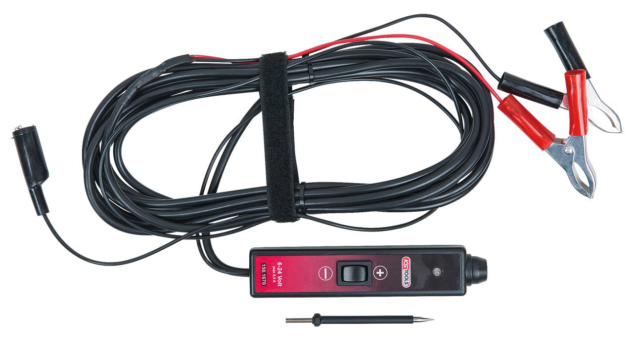 Kabelset met testapparaat, twee krokodillenklemmen in rood en zwart, geïsoleerde testpen en zekeringhouder voor elektrische tests.