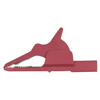 Rode krokodillenklem met getande metalen handgreep. Deze wordt vaak gebruikt voor het verbinden van kabels in elektrische schakelingen.