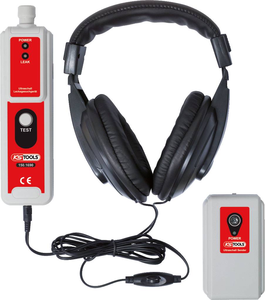 Koptelefoon, verbonden met een ultrasone lekdetector, bestaande uit een hoofdapparaat en een sensor. Ideaal voor het opsporen van lekken.