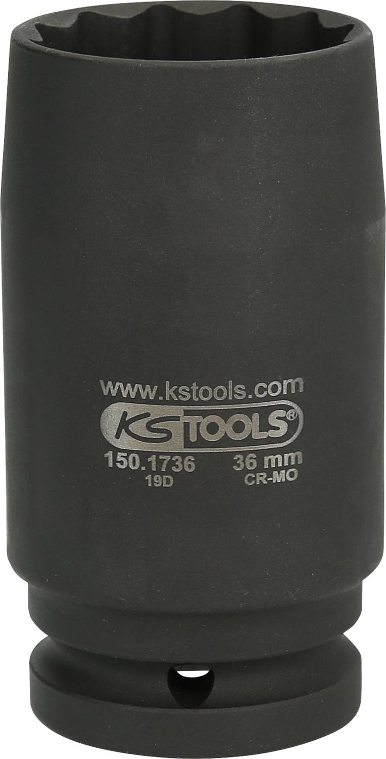 Op de afbeelding staat een zwarte veeltands steekdop van KS TOOLS met opdruk 'www.kstools.com', maat 36 mm, vervaardigd uit CR-MO-materiaal.