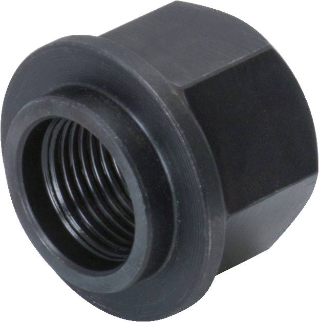 Zwarte zeskantmoer van metaal met open, schroefdraadachtig uiteinde.