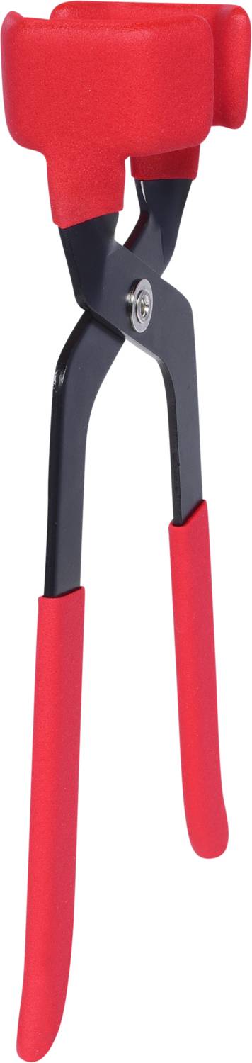 Tangen met een zwart lichaam en rode handgrepen. De punten zijn voorzien van rode rubberen dopjes, vermoedelijk voor een antislip grip.