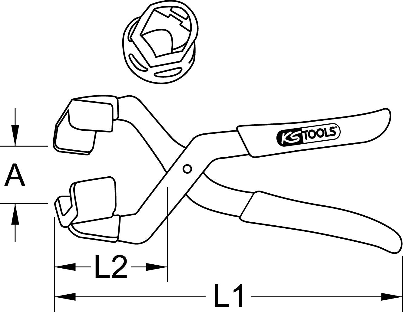 Tekening van een tang en een dop met maatvoering L1, L2 en A. De tang is voorzien van een KS Tools logo.