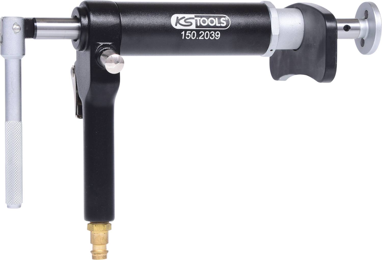 Een zwarte pneumatische cilinder van KS Tools, modelnummer 150.2039, met een zilveren hefboomgreep en aansluiting onderaan.