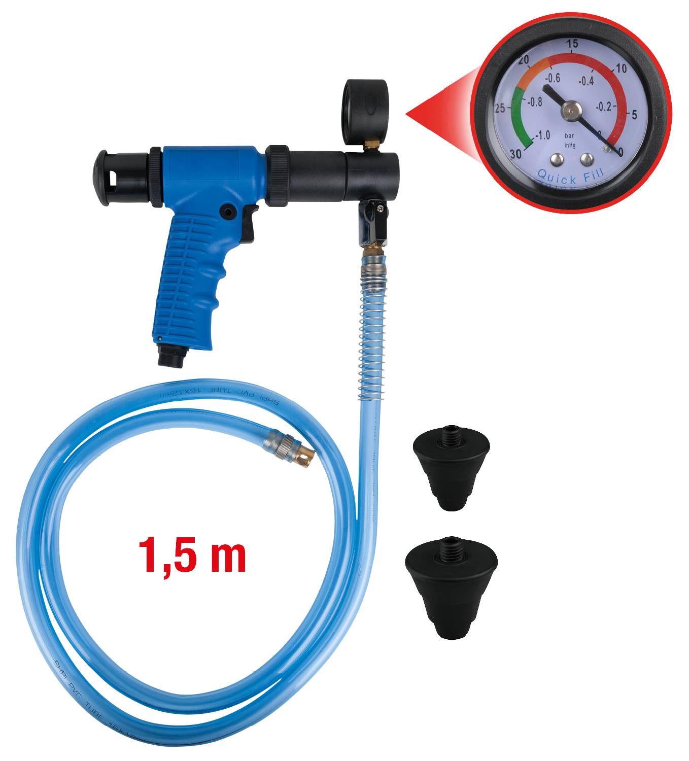 Blauwe bandenpomp met drukmeter, 1,5 m slang en twee zwarte ventielverlengstukken. Drukmeter geeft 0 tot 12 bar aan.