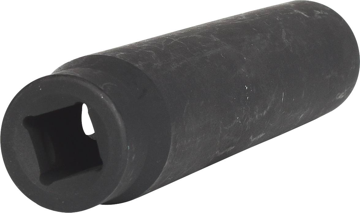 Een zwarte, cilindrische dopsleuteladapter van metaal. Hij heeft een vierkante aansluiting voor een momentsleutel.