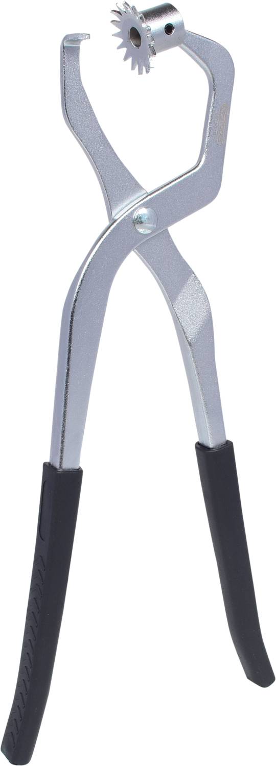 Metalen revolverponstang met zwarte handgreep, voor het maken van gaten in materialen zoals leer of stof.