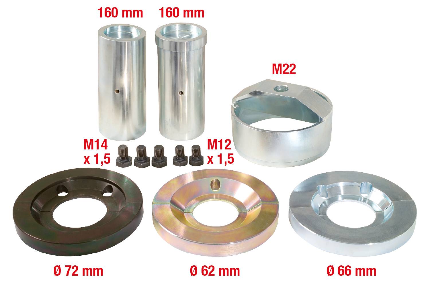 Stalen onderdelen voor voertuigmontage: twee buisvormige afstandshouders (160 mm), vier schroeven (M14 x 1,5), een ring (M22), drie sluitringen (Ø 72, 62, 66 mm).