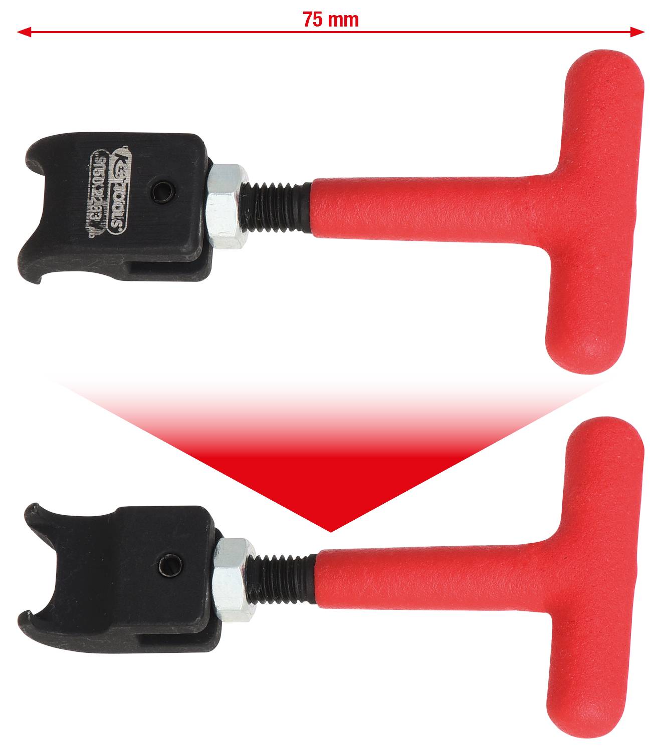Twee rode T-handgrepen met een zwart schroefmechanisme, boven elkaar gepositioneerd, verbonden door een pijl, lengte 75 mm.