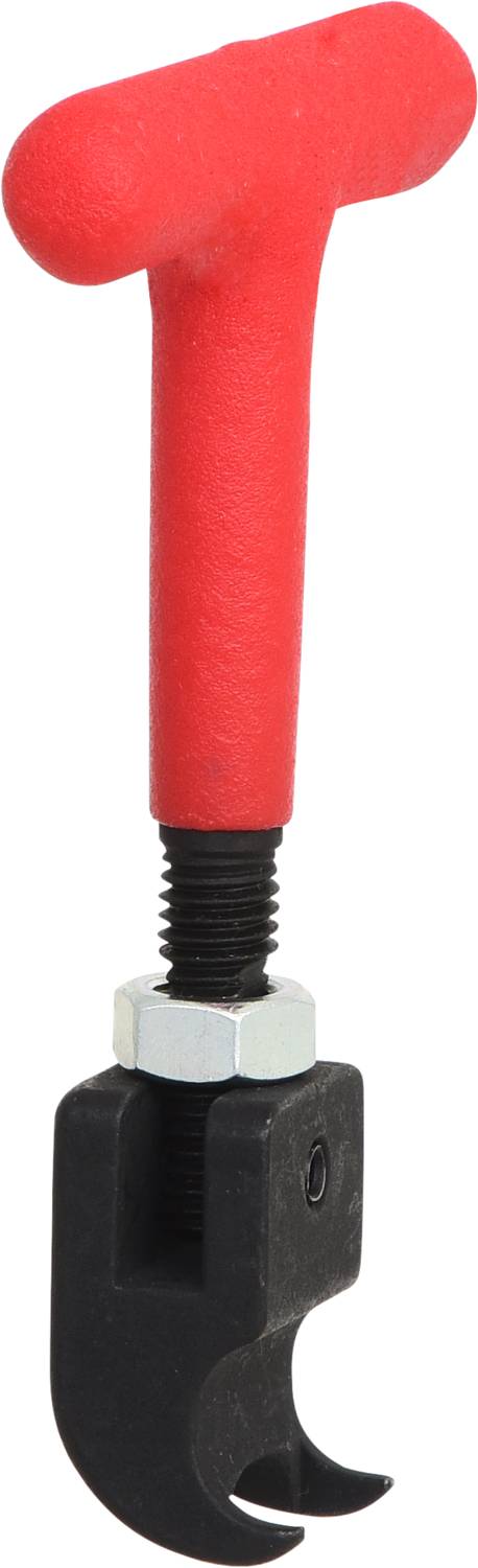 Rood T-handvat gereedschapsklem met zwart, metallisch schroefmechanisme, geschikt voor nauwkeurige aanpassingen in werkplaatsomgevingen.