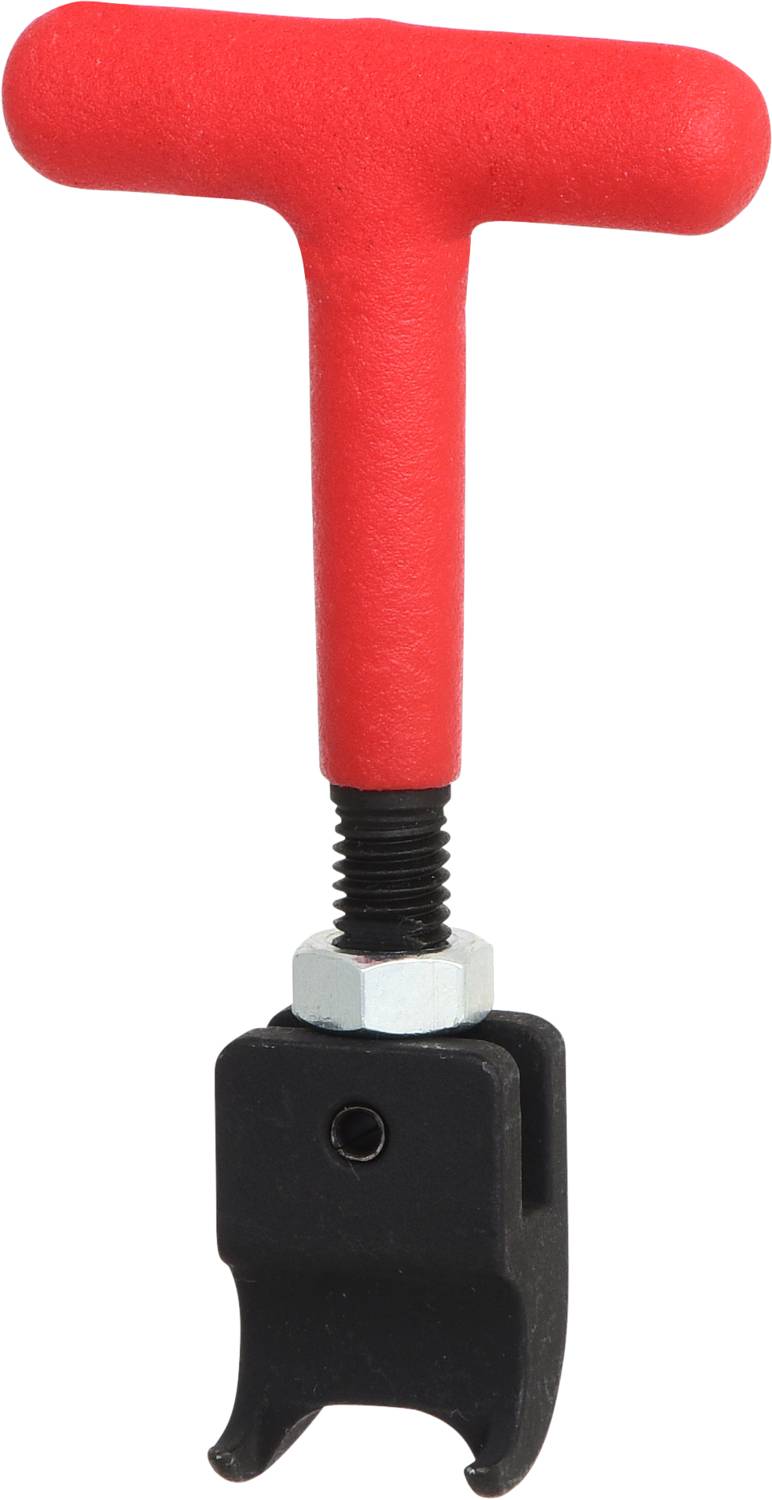 Een rood T-vormig gereedschap met een zwarte handgreep en schroefmechanisme, gebruikt voor het verwijderen of installeren van onderdelen.
