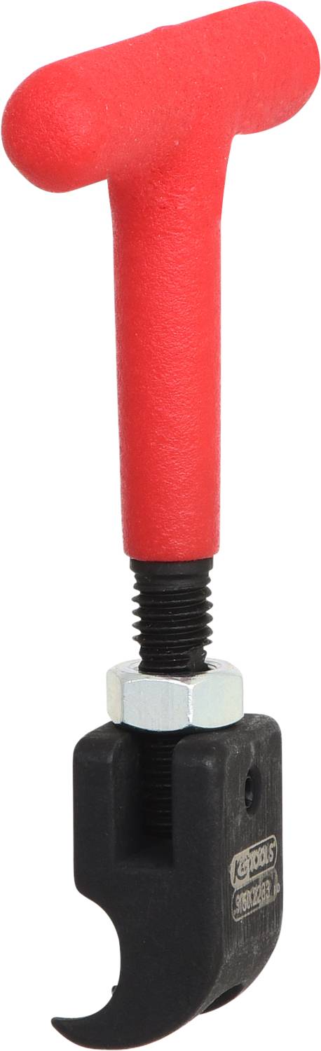 Rood T-vormig gereedschap met schroefmechanisme en zwarte metalen handgreep, gebruikt voor het vasthouden of draaien van buizen.