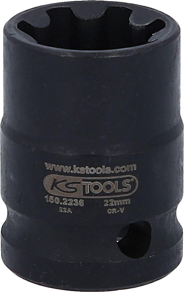 'KS Tools' dopsleutel 23 mm. Zwarte metalen constructie, cilindrische vorm, geschikt voor mechanische toepassingen en reparaties.