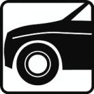 Pictogram van een gestileerde voorkant van een auto met een wiel, gebruikt als symbool voor auto's of autobediensten.